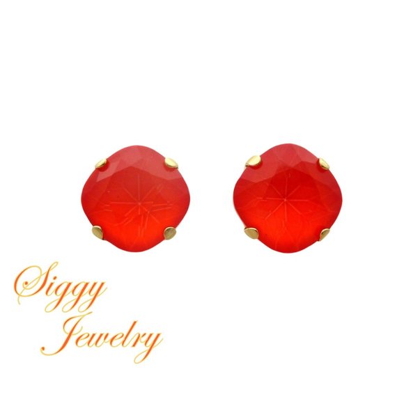 Electric Red Cushion Cut Solitaire Stud Earrings made with 12mm Premium Crystals - Picture 1 of 5